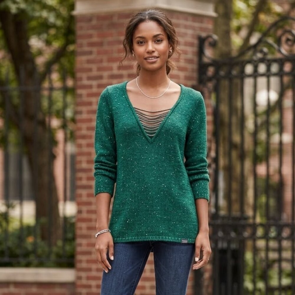 Deep Green V-Neck Women's Sweater